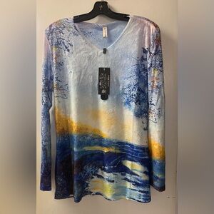Vibrant Printed Long Sleeve Top w/ Distressed Mesh Overlay and Rhinestone Accent